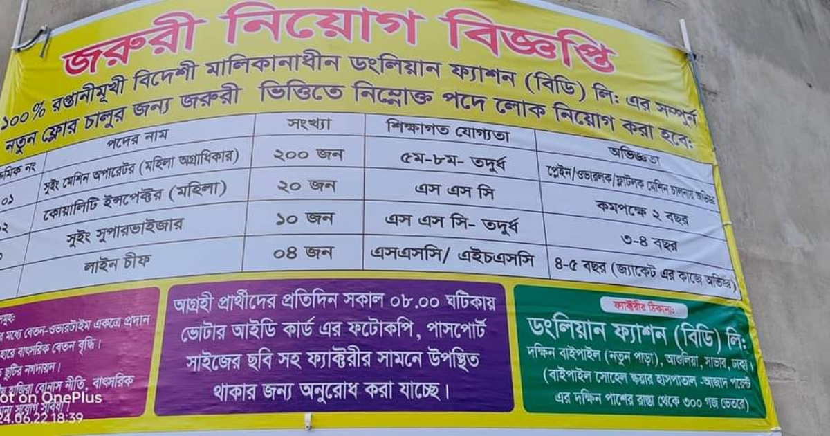 আশুলিয়া গার্মেন্টস চাকরি